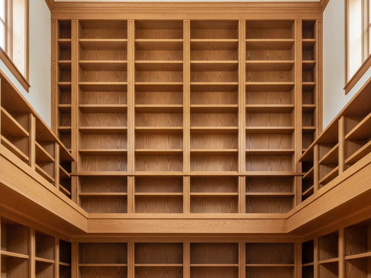 Bibliothekswand aus Massivholz über zwei Stockwerke